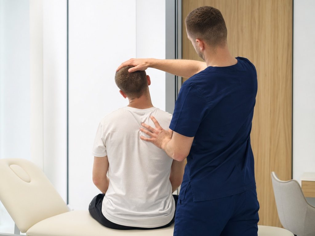 Neurochirurg IChB bada ruchomość szyi i barku pacjenta
